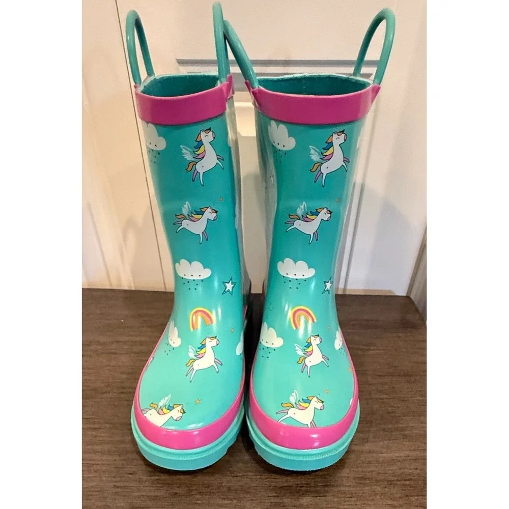 Blue Mountain Kids Unicorn Rainbow Rain Boots Size 13T Aqua Pink Waterproof